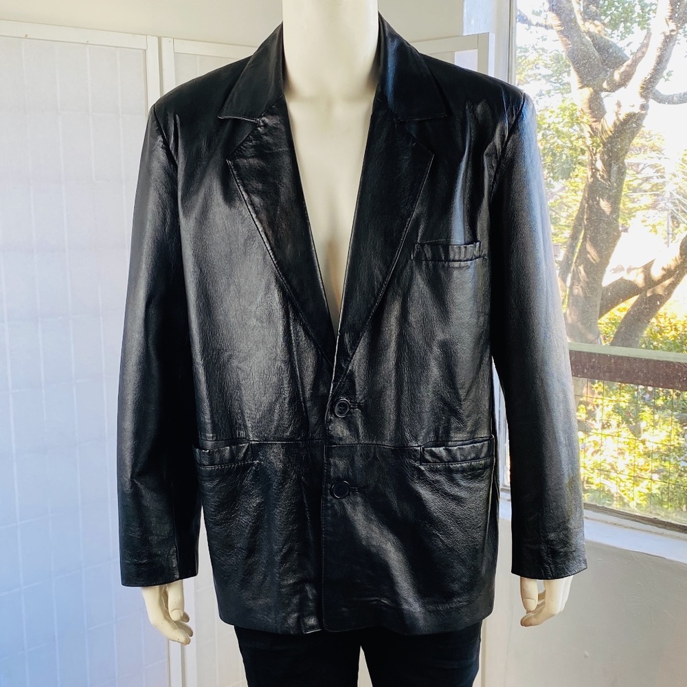 Vintage USA Mens Black Leather Blazer, L.